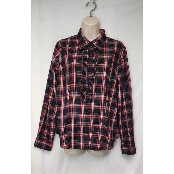 Talbots Jewel Button Front Red/Black Plaid Ruffle Front Long Sleeve Size 12 - Picture 2 of 9